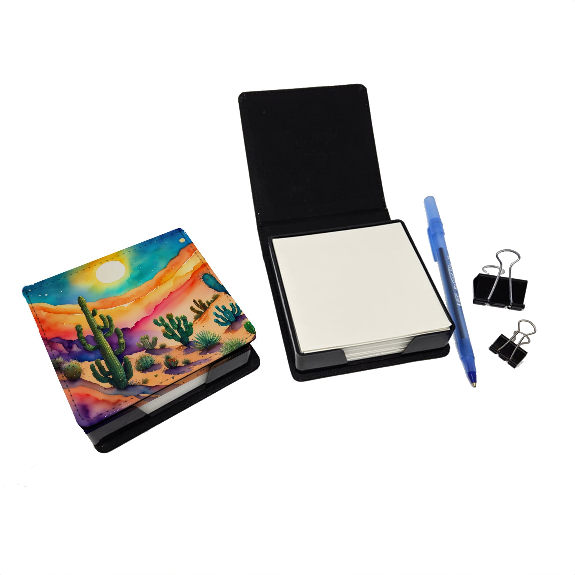 Cactus in Color PU Leather Note Paper Holder with Artist-Designed Cover, Desk Accessory, Office Gift