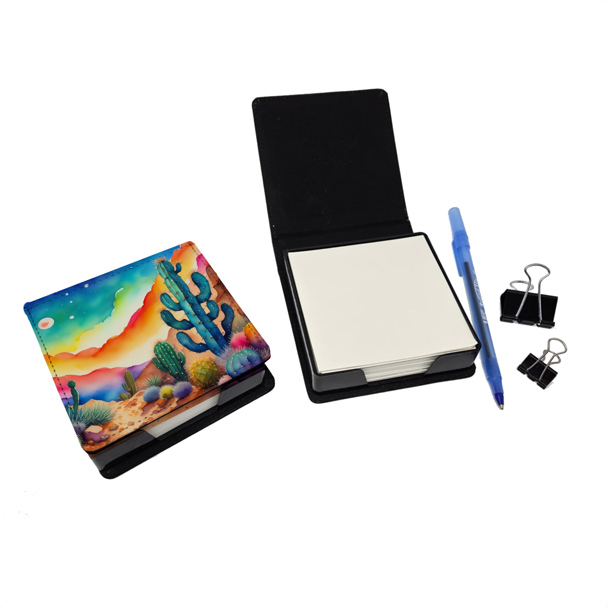 Cactus in Color PU Leather Note Paper Holder with Artist-Designed Cover, Desk Accessory, Office Gift