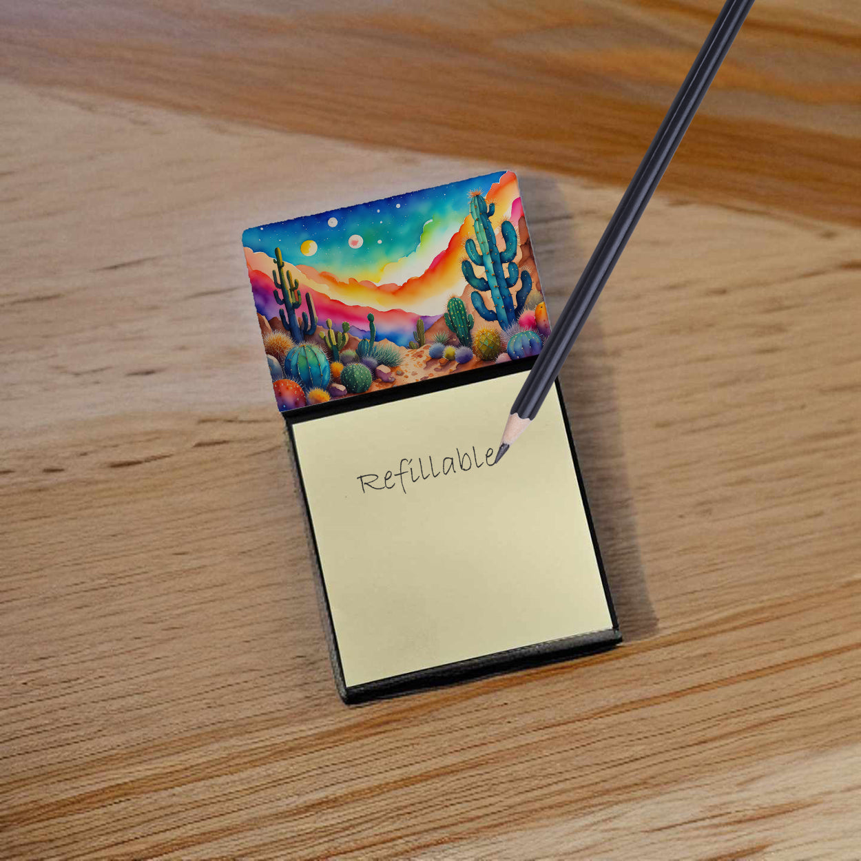 Cactus in Color Watercolor Sticky Note Holder Refillable Dispenser Desk Accessory 3x3 Pad Gift