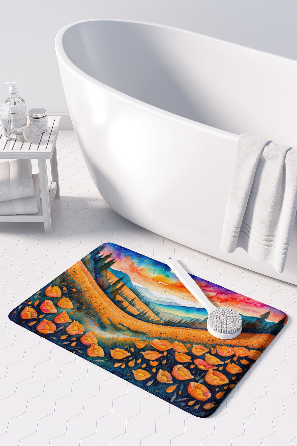 California Poppies in Color Memory Foam Kitchen Mat Machine Washable Anti-Fatigue Cushion Comfort Bath or Kitchen Rug