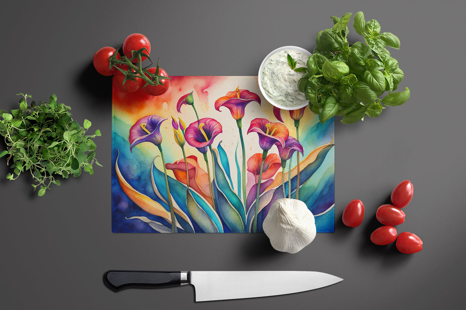 Calla Lilies in Color Cutting Board Tempered Glass Kitchen Cutting Surface, Heat Resistant Chopping, Non-Slip Feet, Food Prep & Serving
