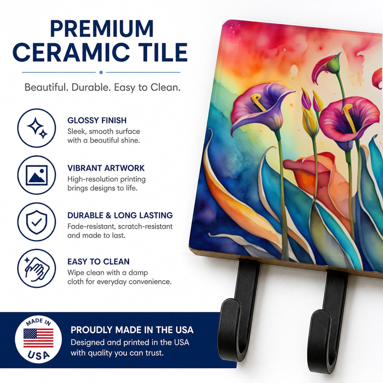 Calla Lilies in Color Leash or Key Holder Wall Hooks, Coat Rack Wall Mount, for Hanging Keys, Towels, Aprons, Leashes