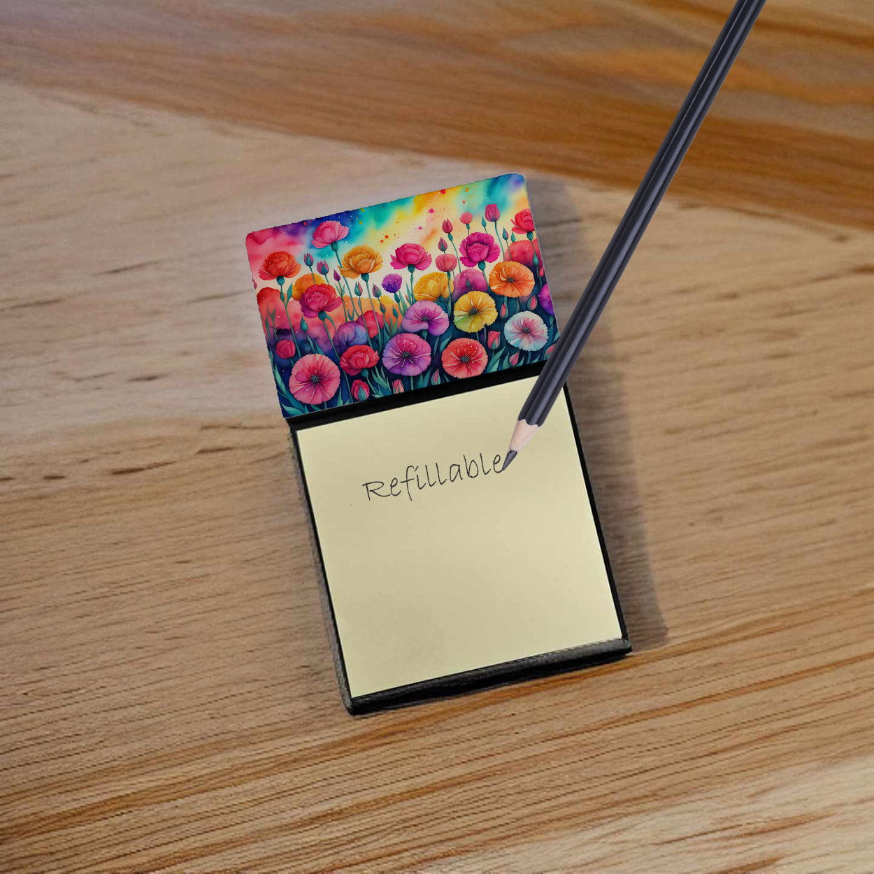 Carnations in Color Watercolor Sticky Note Holder Refillable Dispenser Desk Accessory 3x3 Pad Gift