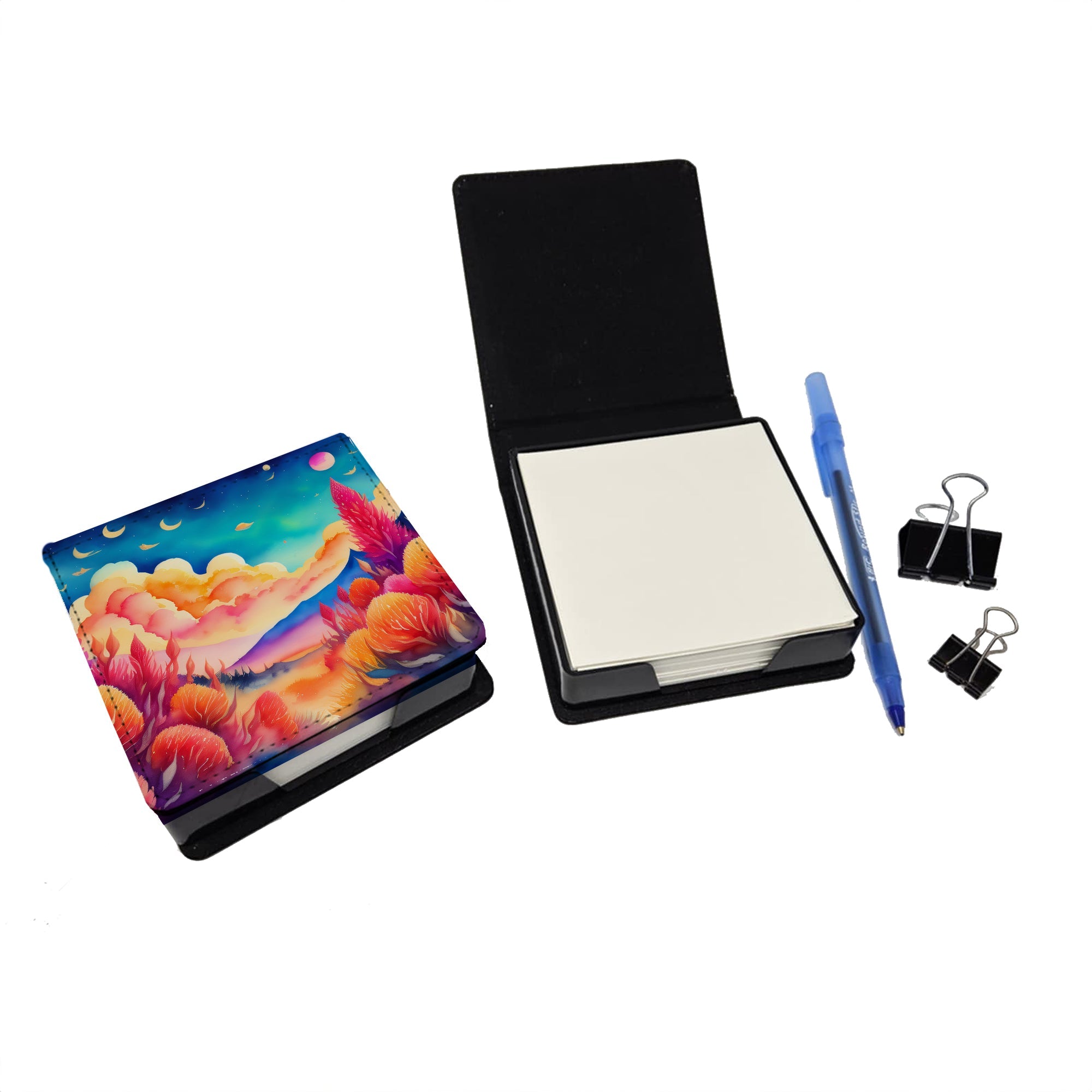 Celosia in Color PU Leather Note Paper Holder with Artist-Designed Cover, Desk Accessory, Office Gift