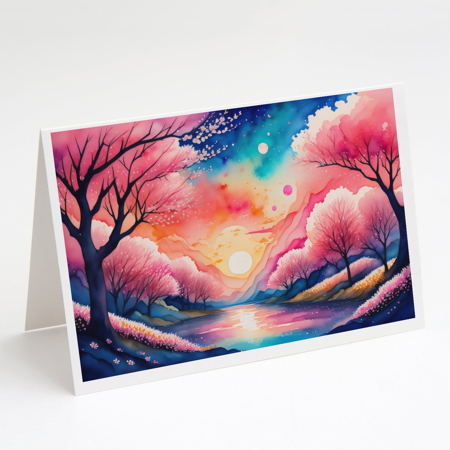 Cherry Blossom in Color Greeting Cards Pack of 8 Blank Cards with Envelopes Whimsical A7 Size 5x7