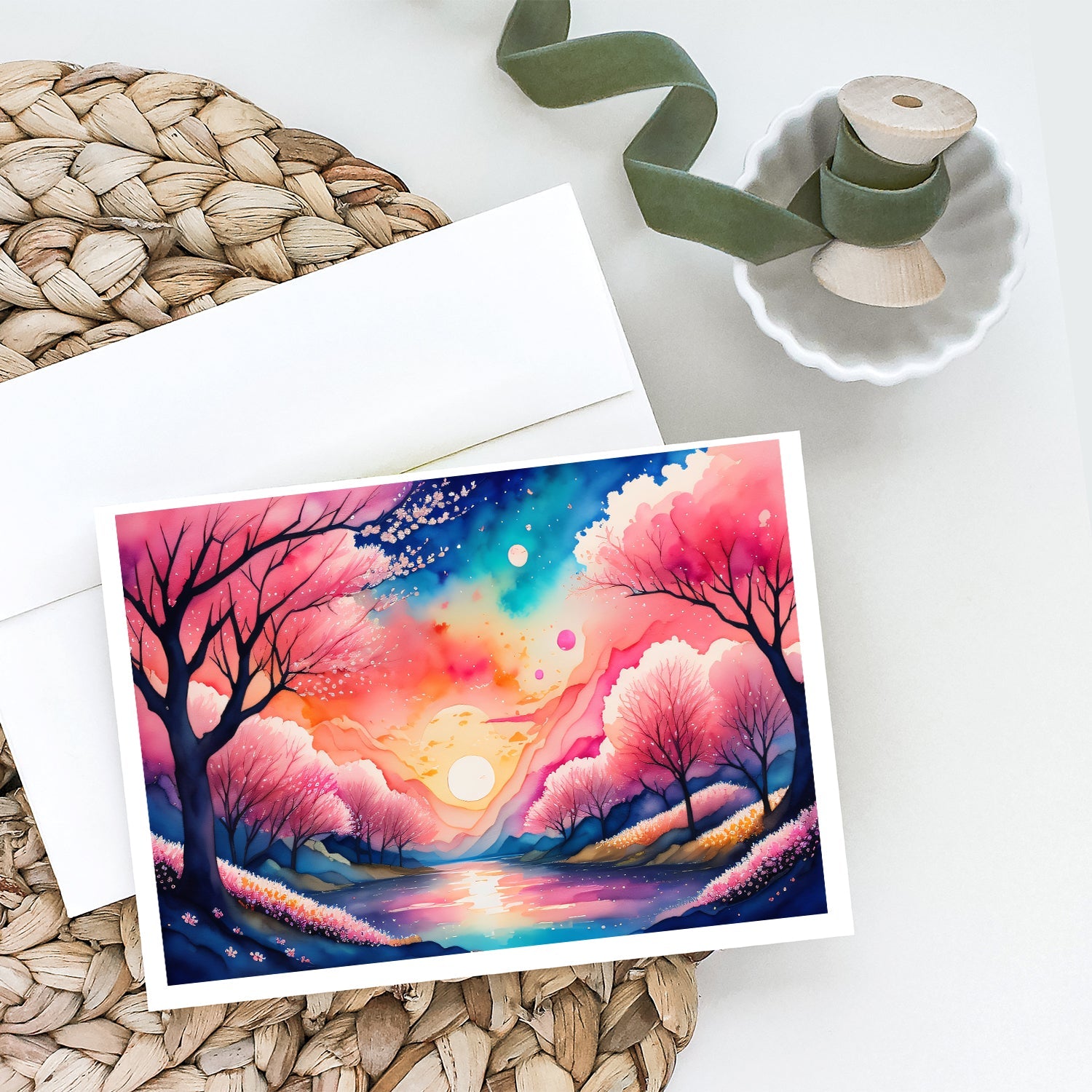 Cherry Blossom in Color Greeting Cards Pack of 8 Blank Cards with Envelopes Whimsical A7 Size 5x7
