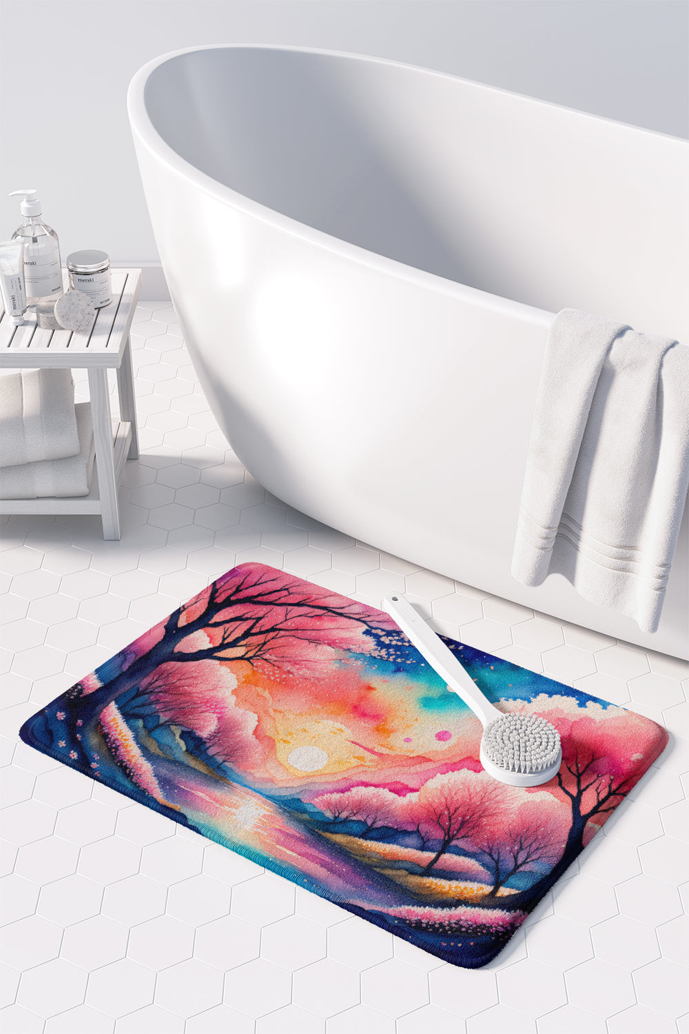 Cherry Blossom in Color Memory Foam Kitchen Mat Machine Washable Anti-Fatigue Cushion Comfort Bath or Kitchen Rug