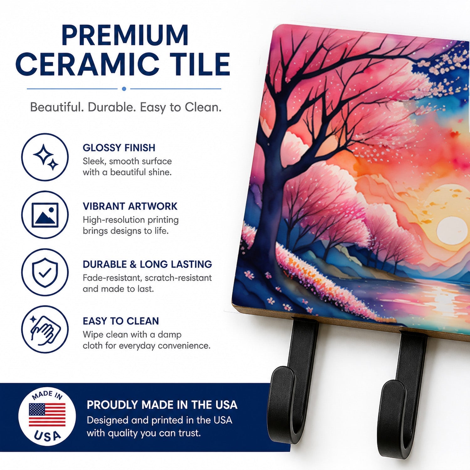 Cherry Blossom in Color Leash or Key Holder Wall Hooks, Coat Rack Wall Mount, for Hanging Keys, Towels, Aprons, Leashes