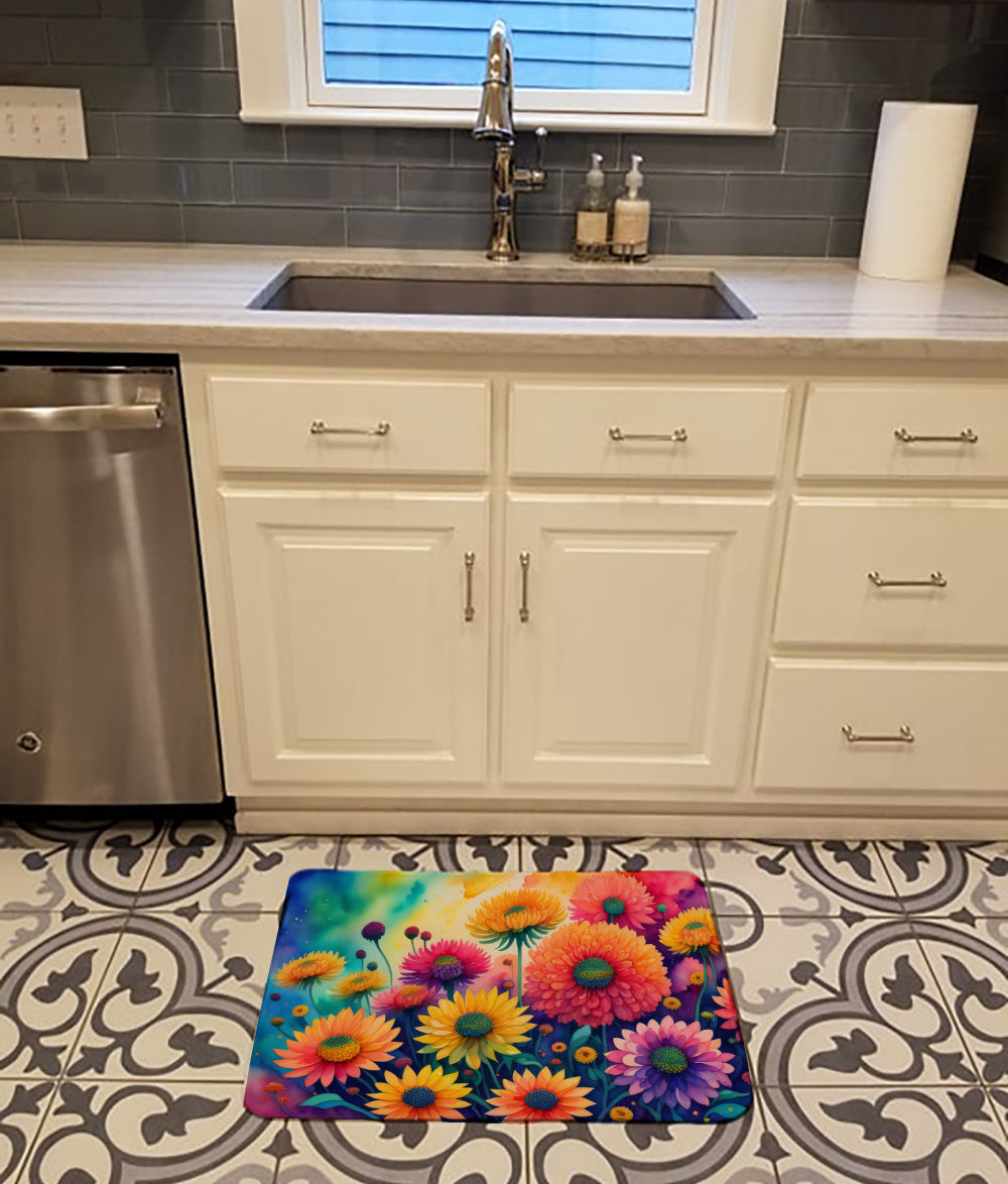 Chrysanthemums in Color Memory Foam Kitchen Mat Machine Washable Anti-Fatigue Cushion Comfort Bath or Kitchen Rug