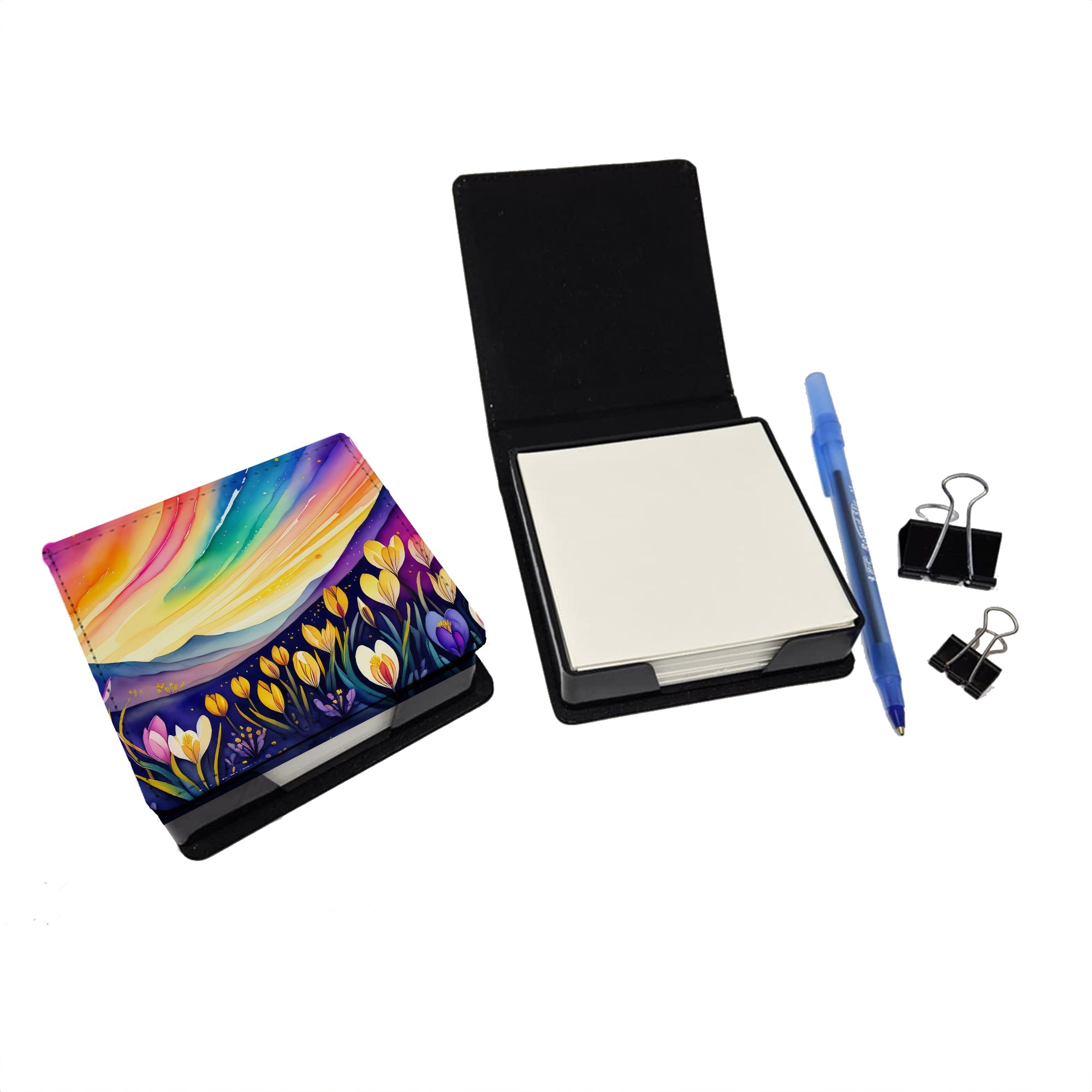 Crocus in Color PU Leather Note Paper Holder with Artist-Designed Cover, Desk Accessory, Office Gift