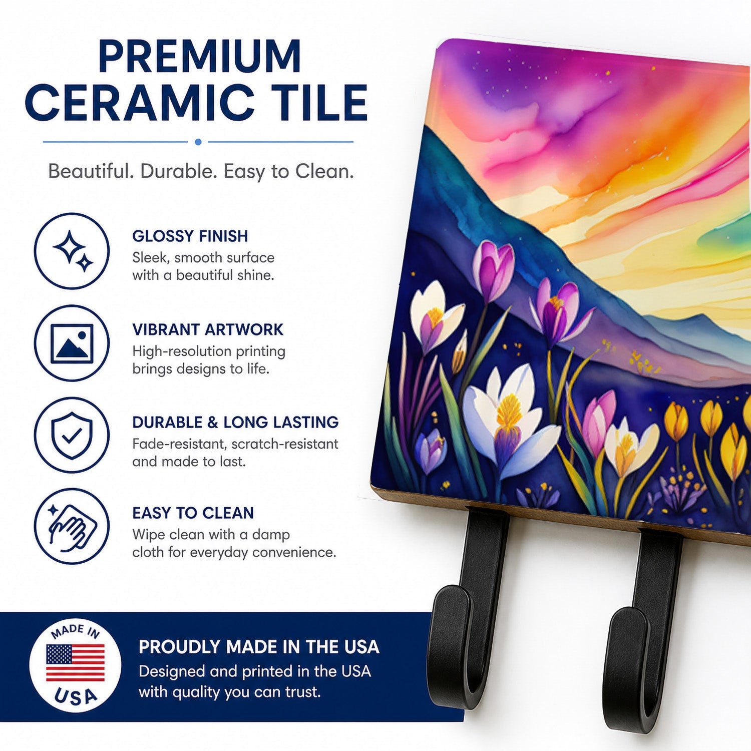 Crocus in Color Leash or Key Holder Wall Hooks, Coat Rack Wall Mount, for Hanging Keys, Towels, Aprons, Leashes