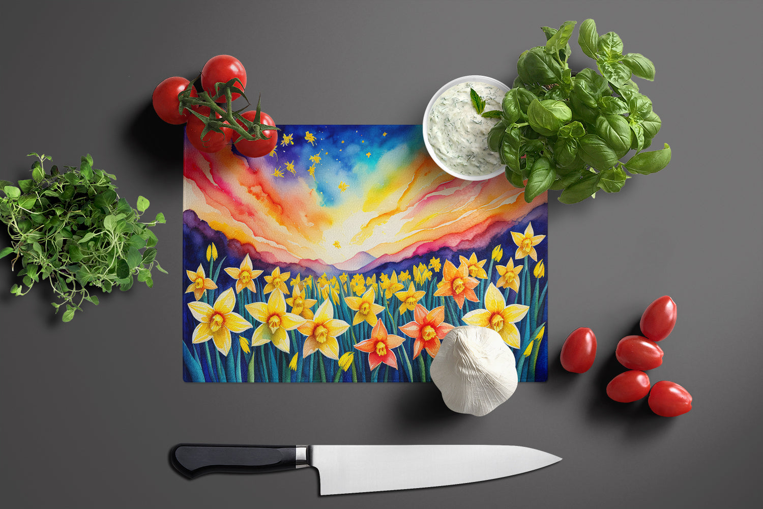 Daffodils in Color Cutting Board Tempered Glass Kitchen Cutting Surface, Heat Resistant Chopping, Non-Slip Feet, Food Prep & Serving