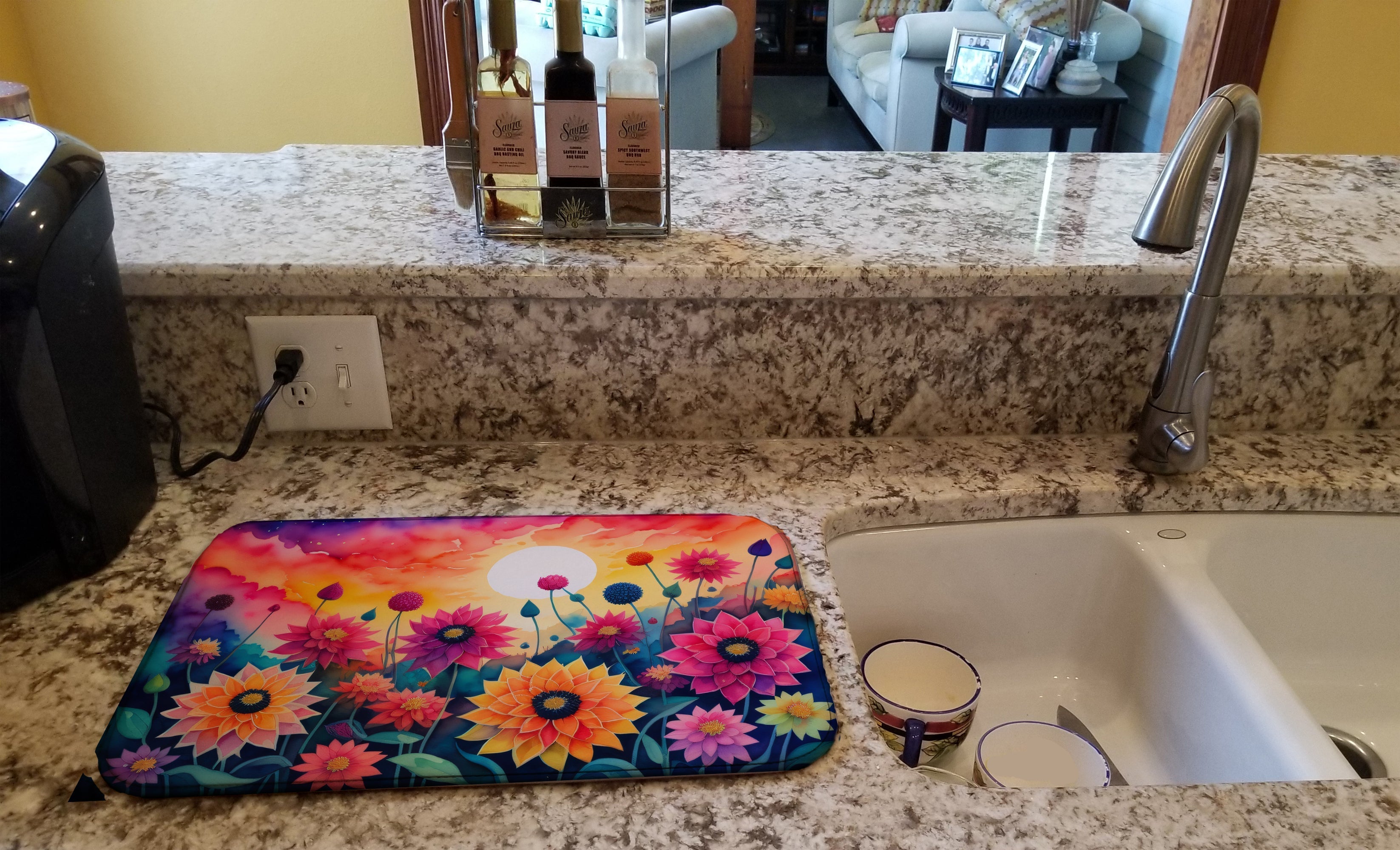 Dahlias in Color Dish Drying Mat Absorbent Dish Drying Mat Pad for Kitchen Counter Dish Drainer Mat for Countertop, 14 x 21", Multicolor