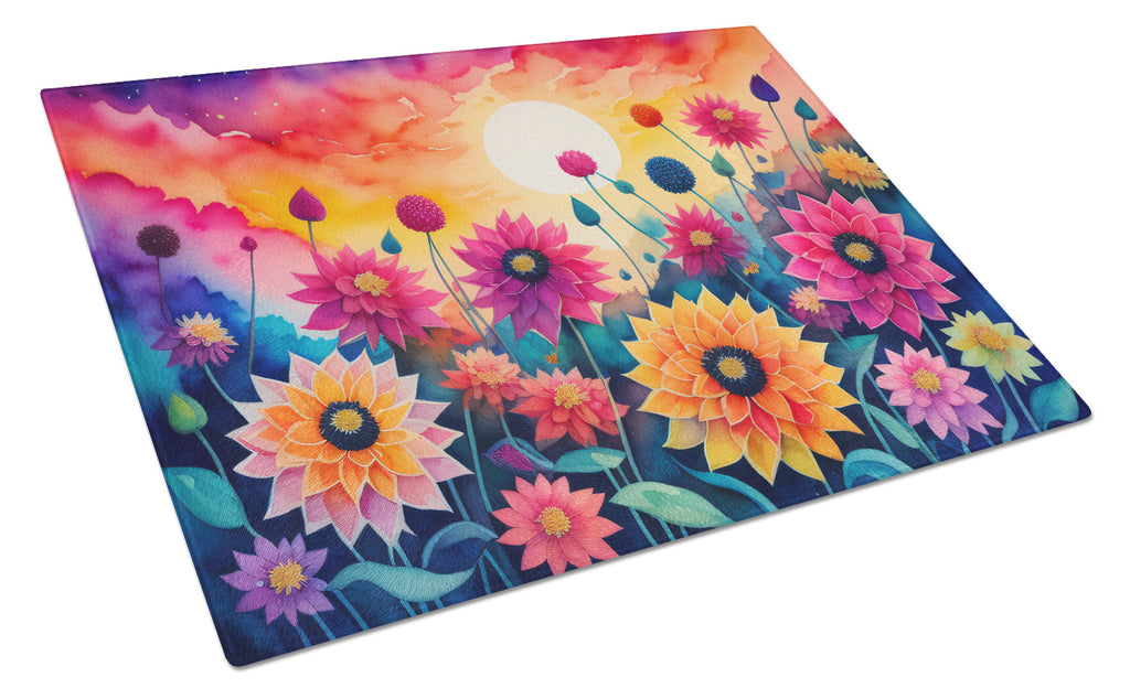 Dahlias in Color Cutting Board Tempered Glass Kitchen Cutting Surface, Heat Resistant Chopping, Non-Slip Feet, Food Prep & Serving