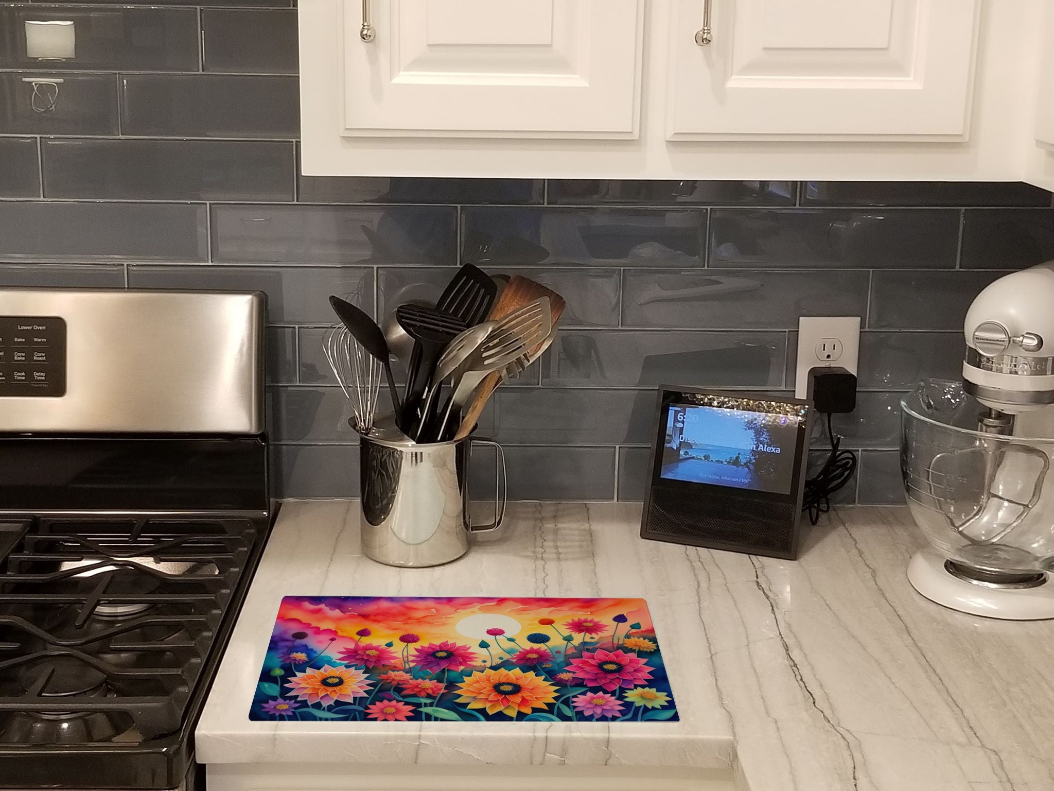 Dahlias in Color Cutting Board Tempered Glass Kitchen Cutting Surface, Heat Resistant Chopping, Non-Slip Feet, Food Prep & Serving