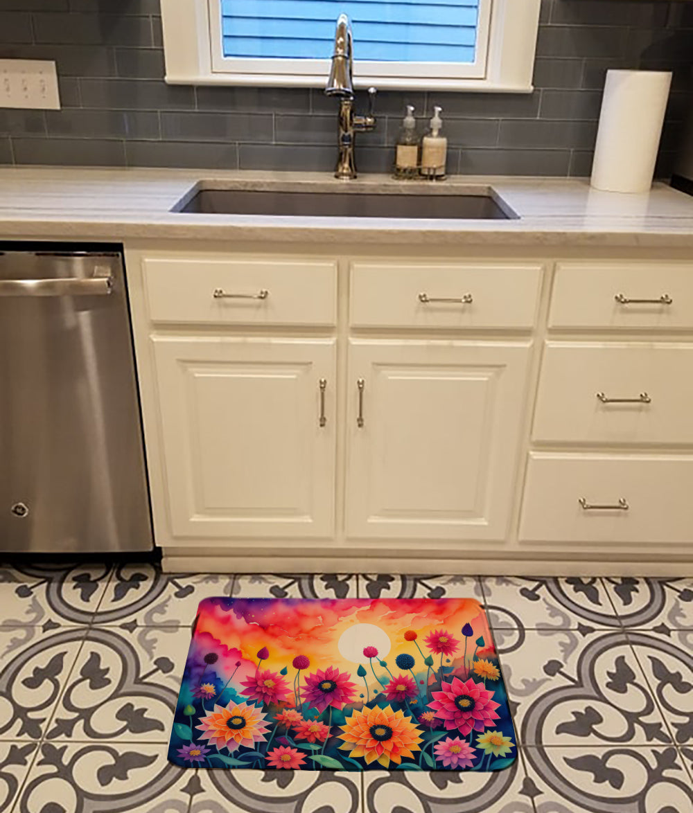 Dahlias in Color Memory Foam Kitchen Mat Machine Washable Anti-Fatigue Cushion Comfort Bath or Kitchen Rug