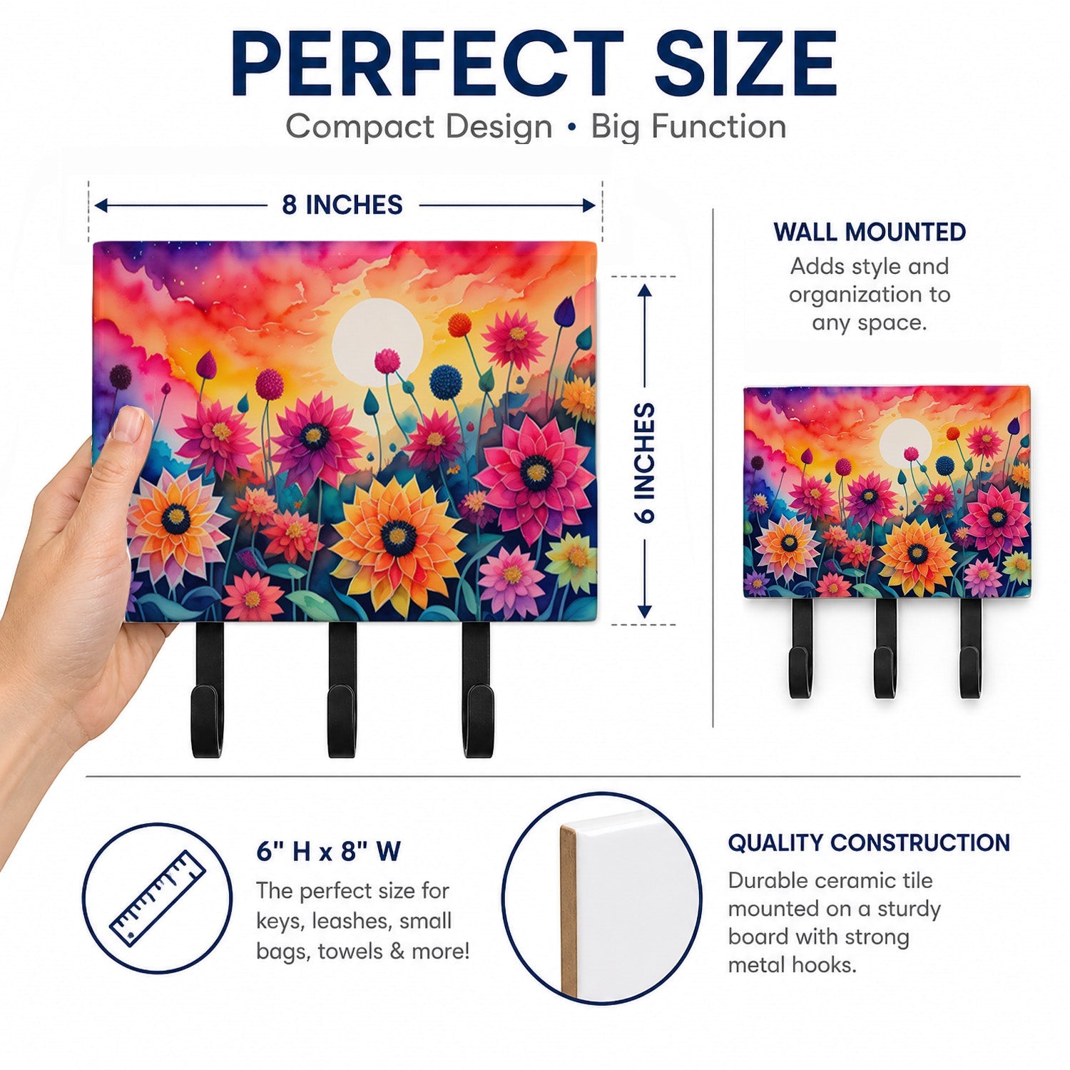 Dahlias in Color Leash or Key Holder Wall Hooks, Coat Rack Wall Mount, for Hanging Keys, Towels, Aprons, Leashes