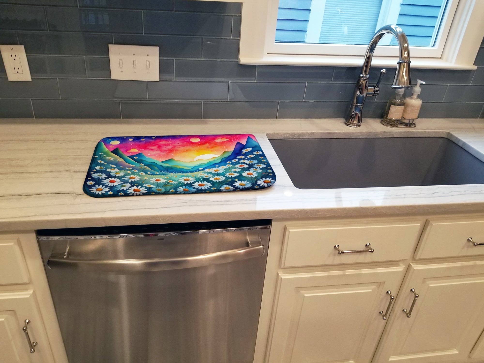 Daisies in Color Dish Drying Mat Absorbent Dish Drying Mat Pad for Kitchen Counter Dish Drainer Mat for Countertop, 14 x 21", Multicolor
