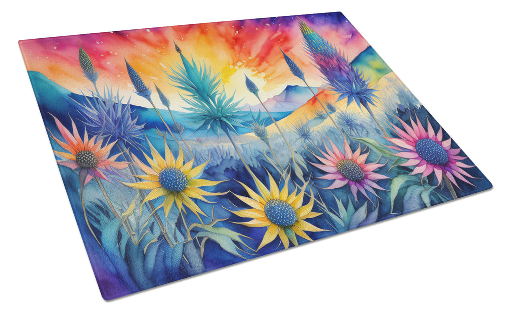 Eryngium in Color Cutting Board Tempered Glass Kitchen Cutting Surface, Heat Resistant Chopping, Non-Slip Feet, Food Prep & Serving
