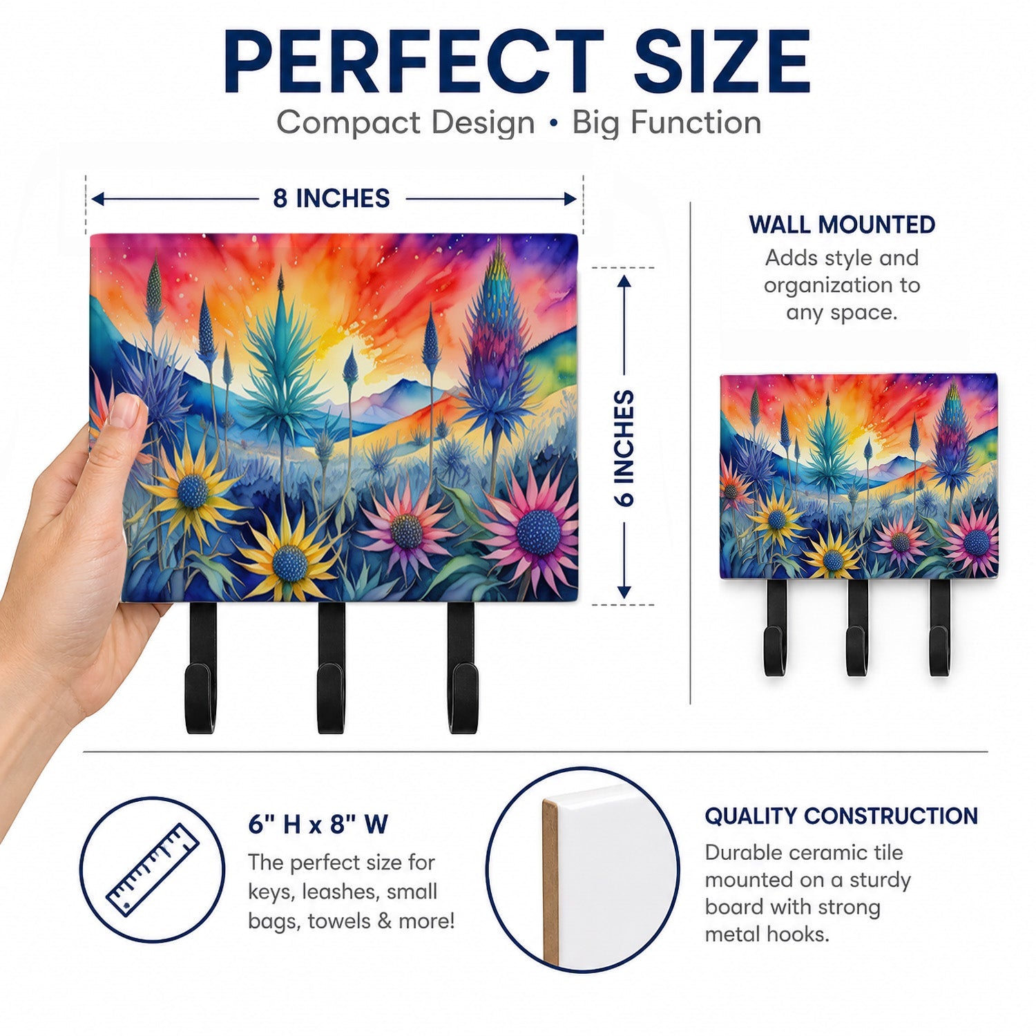 Eryngium in Color Leash or Key Holder Wall Hooks, Coat Rack Wall Mount, for Hanging Keys, Towels, Aprons, Leashes