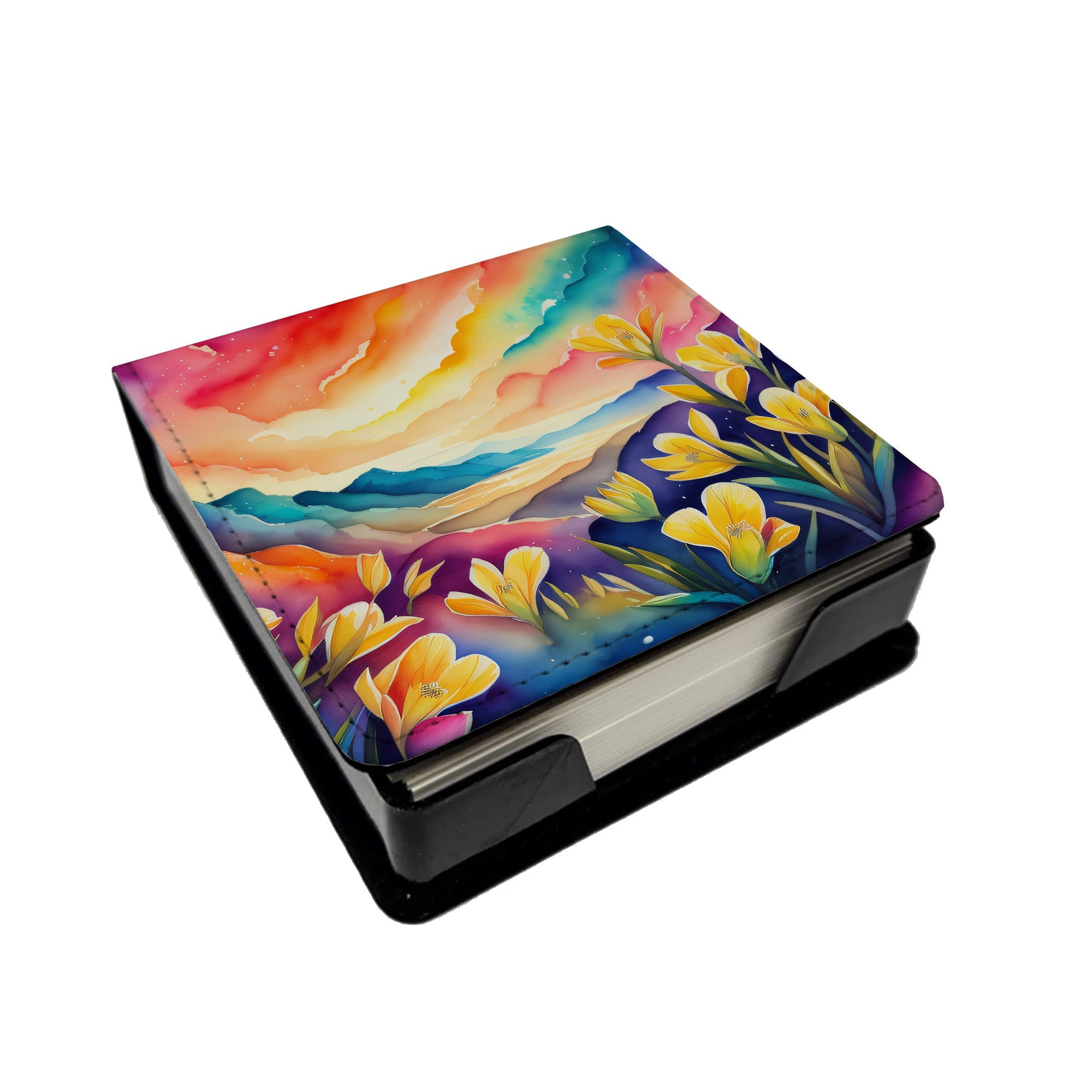 Freesia in Color PU Leather Note Paper Holder with Artist-Designed Cover, Desk Accessory, Office Gift