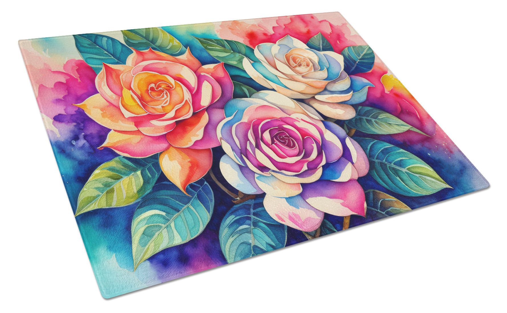 Gardenias in Color Cutting Board Tempered Glass Kitchen Cutting Surface, Heat Resistant Chopping, Non-Slip Feet, Food Prep & Serving