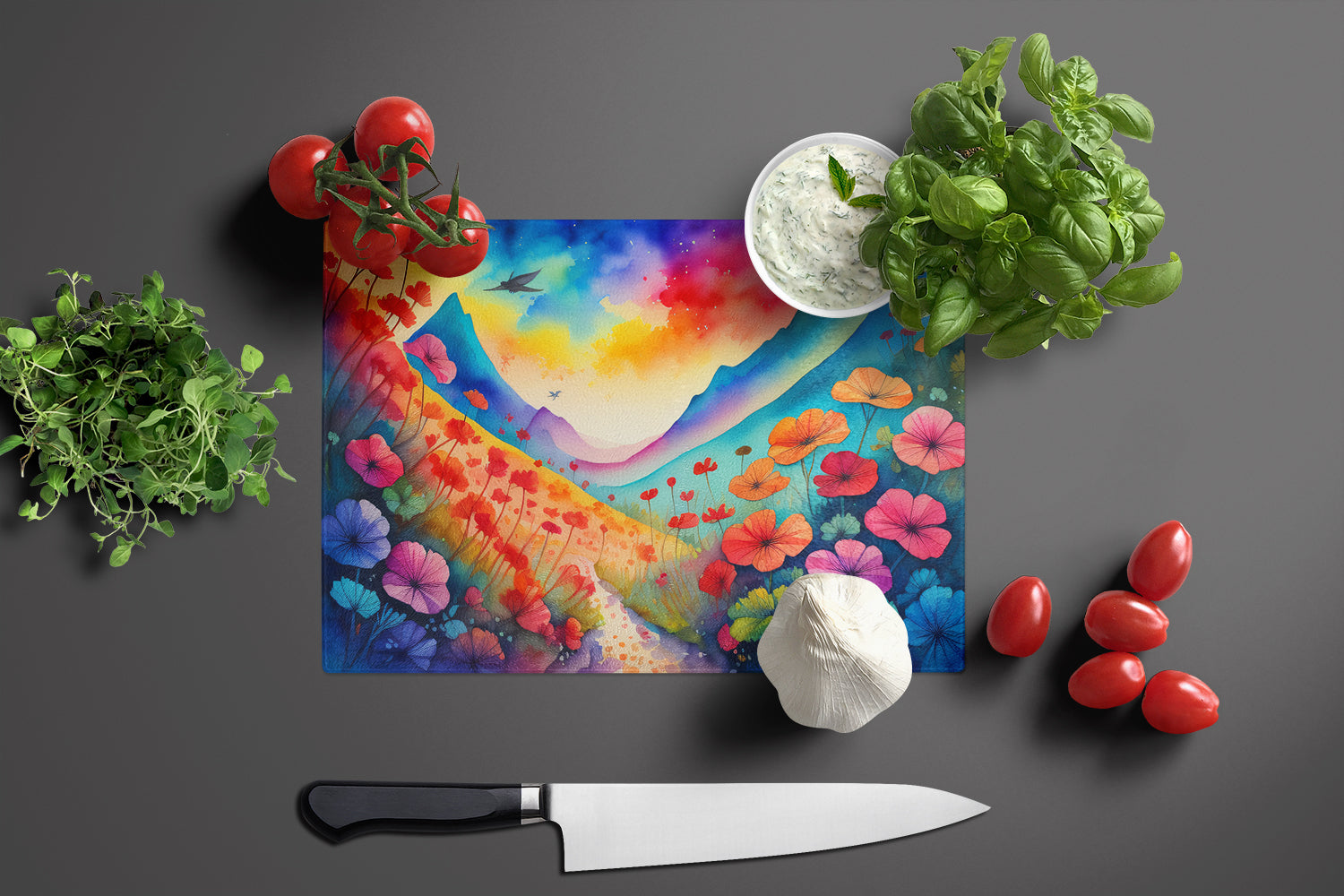 Geraniums in Color Cutting Board Tempered Glass Kitchen Cutting Surface, Heat Resistant Chopping, Non-Slip Feet, Food Prep & Serving