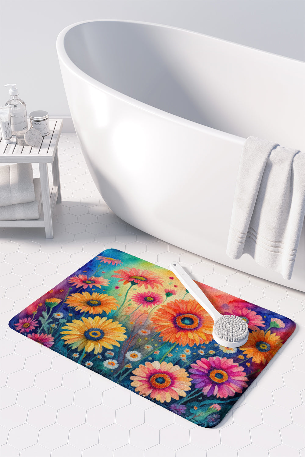 Gerbera Daisies in Color Memory Foam Kitchen Mat Machine Washable Anti-Fatigue Cushion Comfort Bath or Kitchen Rug