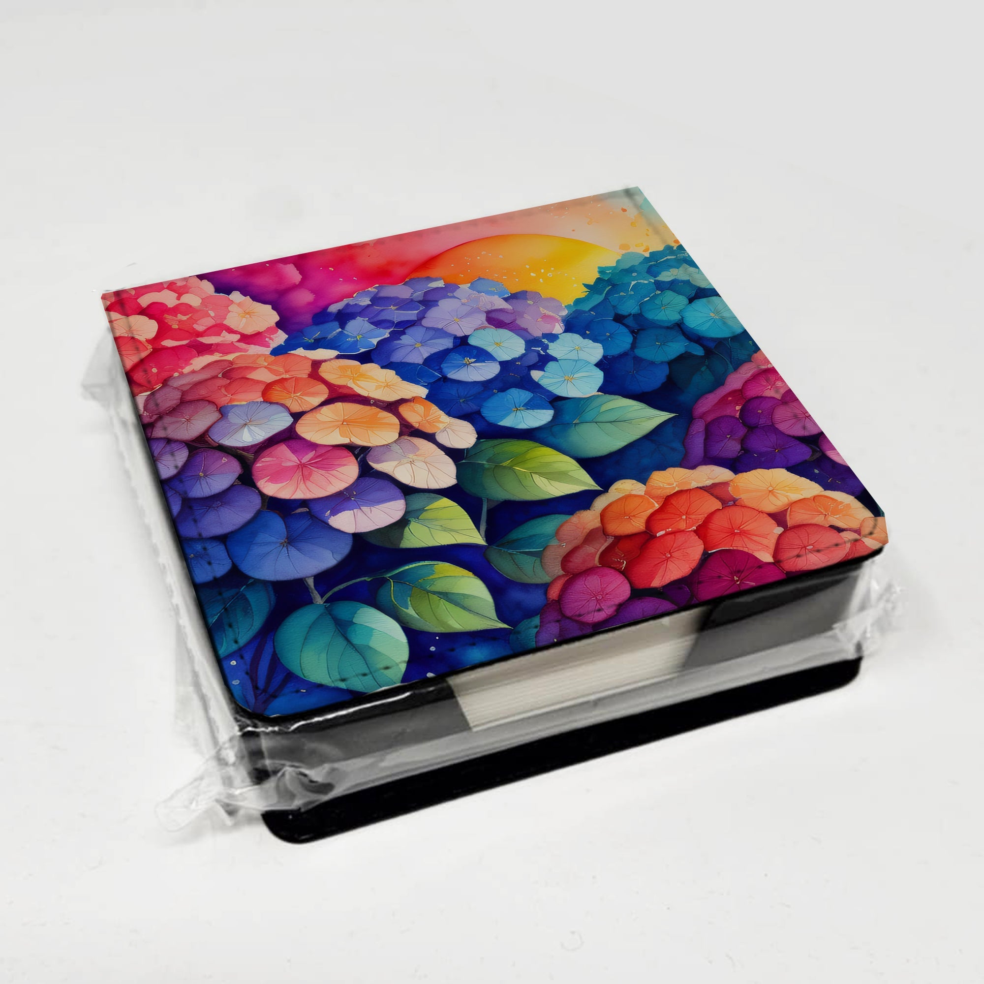 Hydrangeas in Color PU Leather Note Paper Holder with Artist-Designed Cover, Desk Accessory, Office Gift
