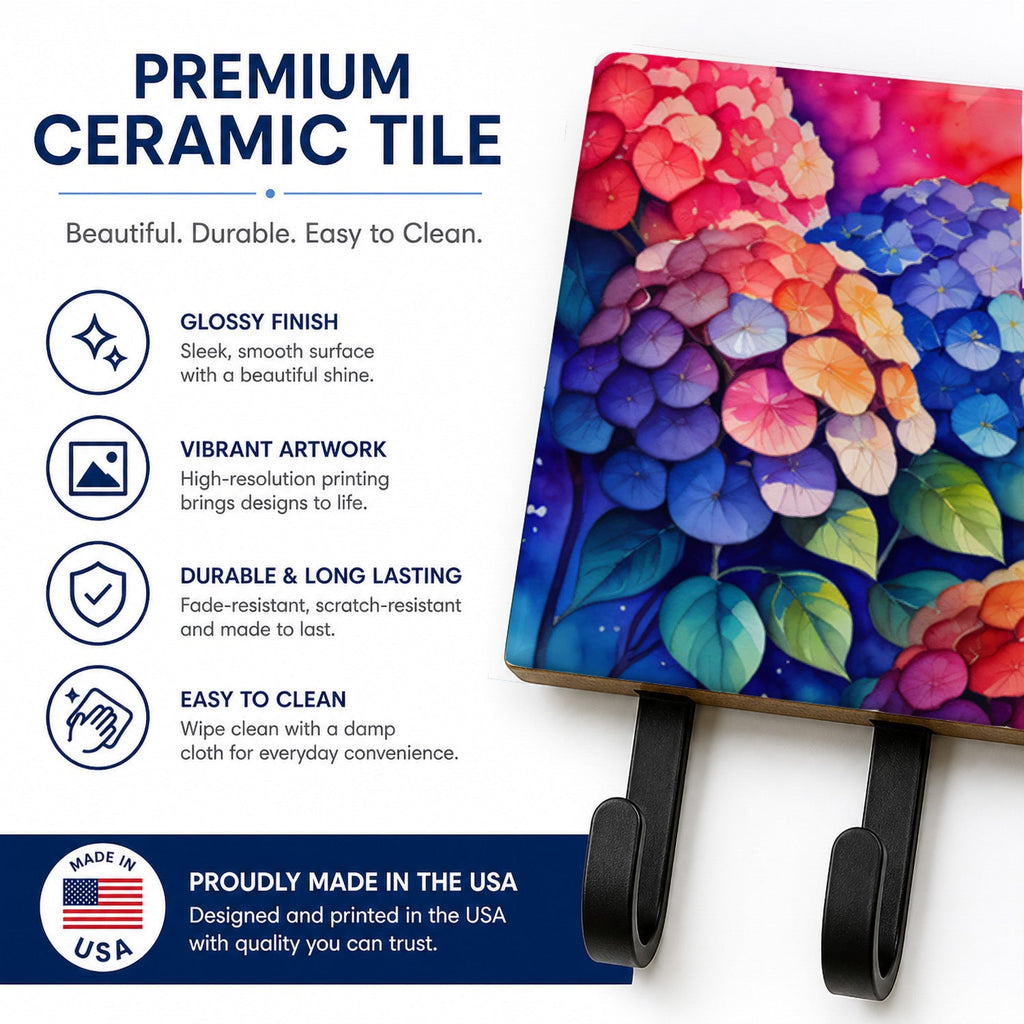 Hydrangeas in Color Leash or Key Holder Wall Hooks, Coat Rack Wall Mount, for Hanging Keys, Towels, Aprons, Leashes