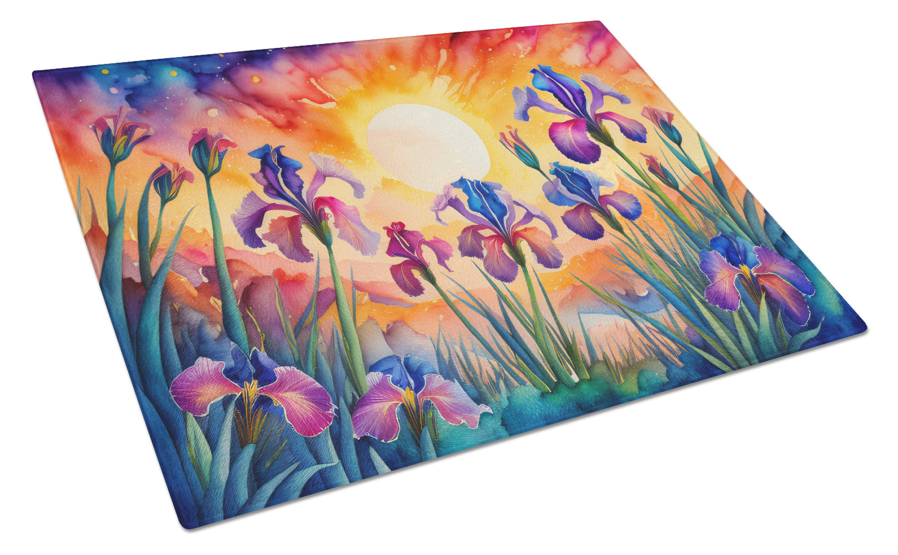 Iris in Color Cutting Board Tempered Glass Kitchen Cutting Surface, Heat Resistant Chopping, Non-Slip Feet, Food Prep & Serving