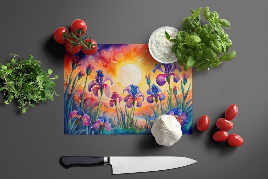 Iris in Color Cutting Board Tempered Glass Kitchen Cutting Surface, Heat Resistant Chopping, Non-Slip Feet, Food Prep & Serving
