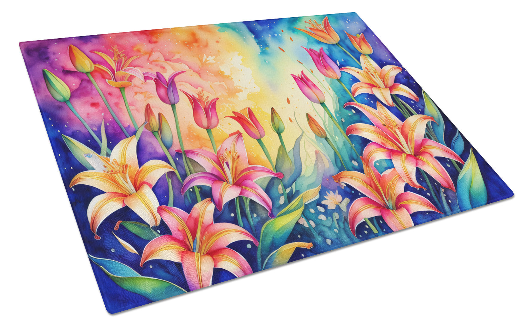 Lilies in Color Cutting Board Tempered Glass Kitchen Cutting Surface, Heat Resistant Chopping, Non-Slip Feet, Food Prep & Serving