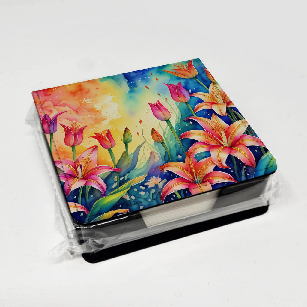Lilies in Color PU Leather Note Paper Holder with Artist-Designed Cover, Desk Accessory, Office Gift