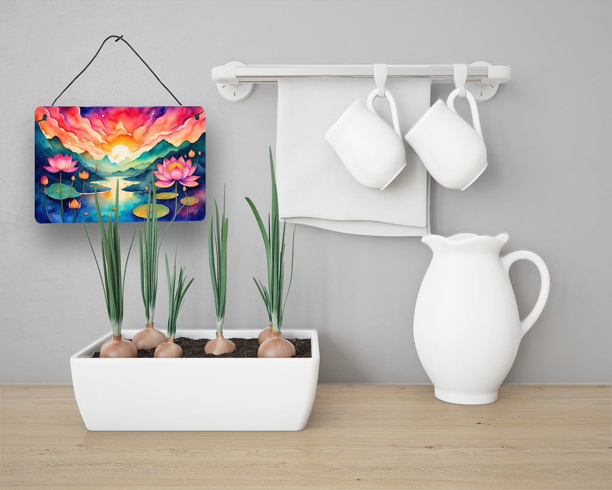 Lotus in Color Wall or Door Hanging Prints Aluminum Metal Sign Kitchen Wall Bar Bathroom Plaque Home Decor, 8HX12W, Multicolor