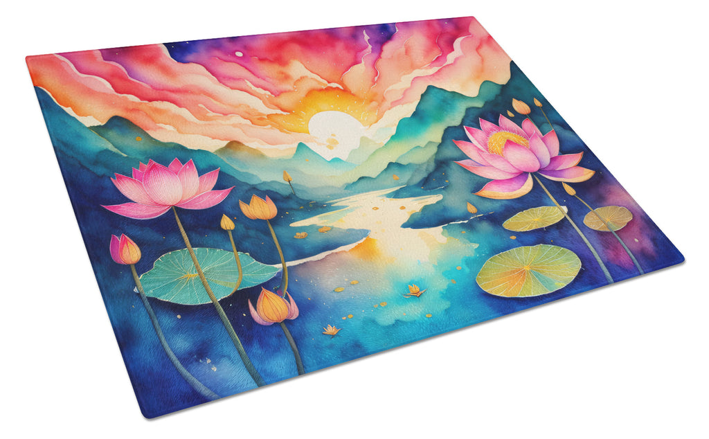 Lotus in Color Cutting Board Tempered Glass Kitchen Cutting Surface, Heat Resistant Chopping, Non-Slip Feet, Food Prep & Serving