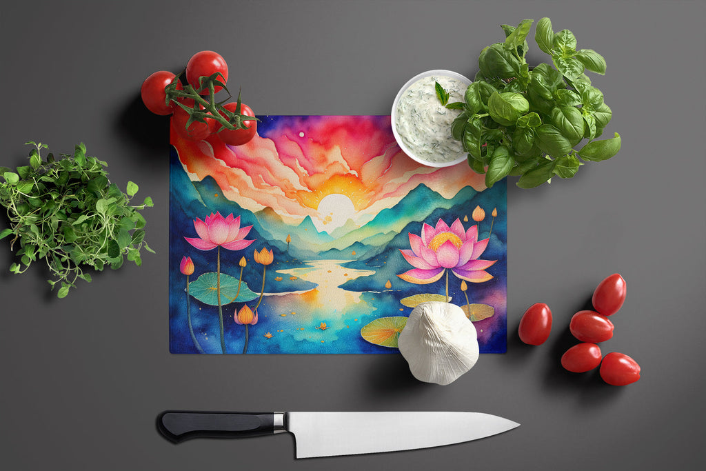 Lotus in Color Cutting Board Tempered Glass Kitchen Cutting Surface, Heat Resistant Chopping, Non-Slip Feet, Food Prep & Serving