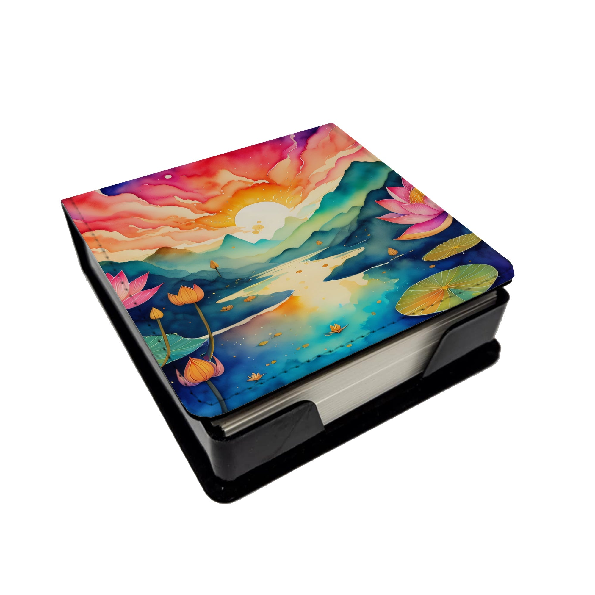 Lotus in Color PU Leather Note Paper Holder with Artist-Designed Cover, Desk Accessory, Office Gift