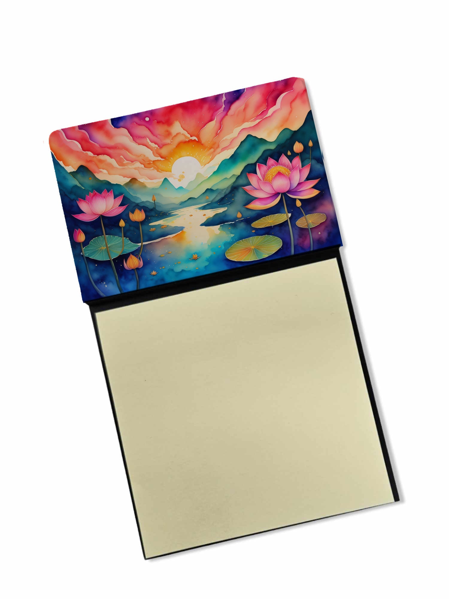 Lotus in Color Watercolor Sticky Note Holder Refillable Dispenser Desk Accessory 3x3 Pad Gift