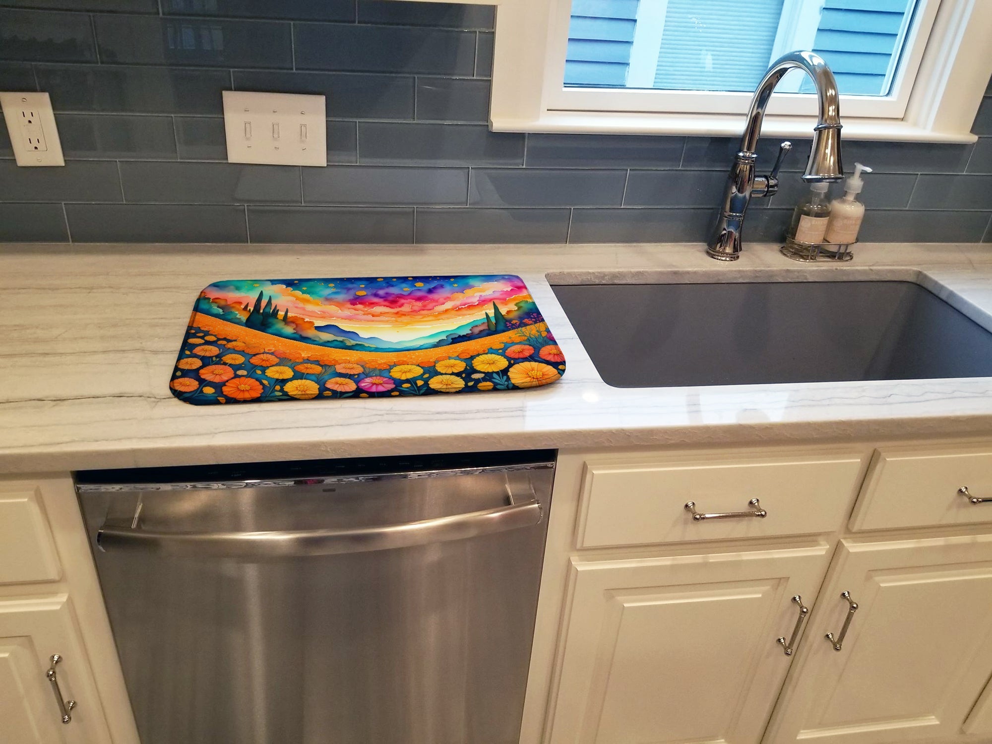 Marigolds in Color Dish Drying Mat Absorbent Dish Drying Mat Pad for Kitchen Counter Dish Drainer Mat for Countertop, 14 x 21", Multicolor