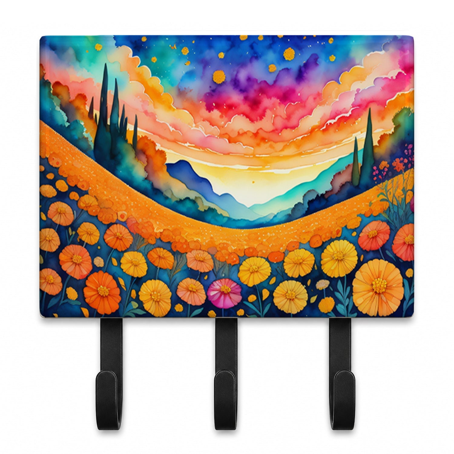 Marigolds in Color Leash or Key Holder Wall Hooks, Coat Rack Wall Mount, for Hanging Keys, Towels, Aprons, Leashes