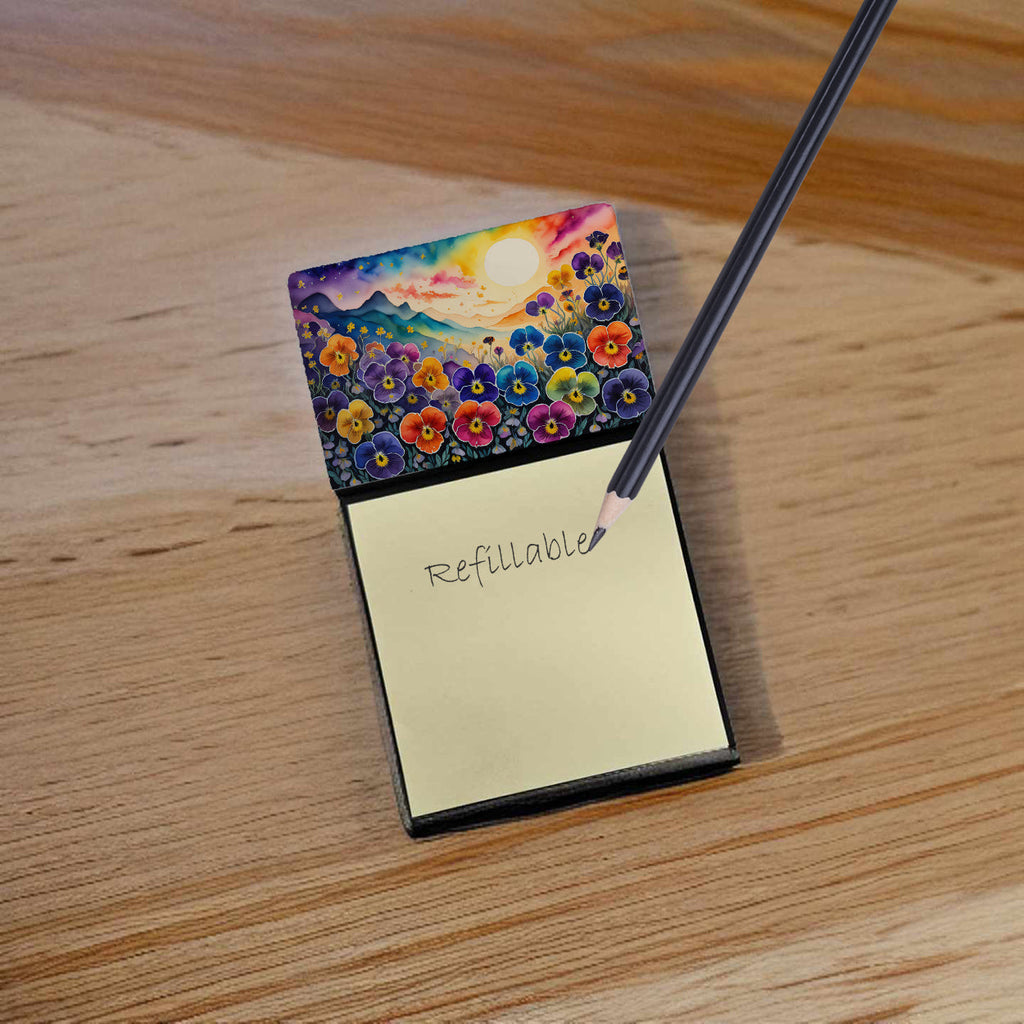 Pansies in Color Watercolor Sticky Note Holder Refillable Dispenser Desk Accessory 3x3 Pad Gift