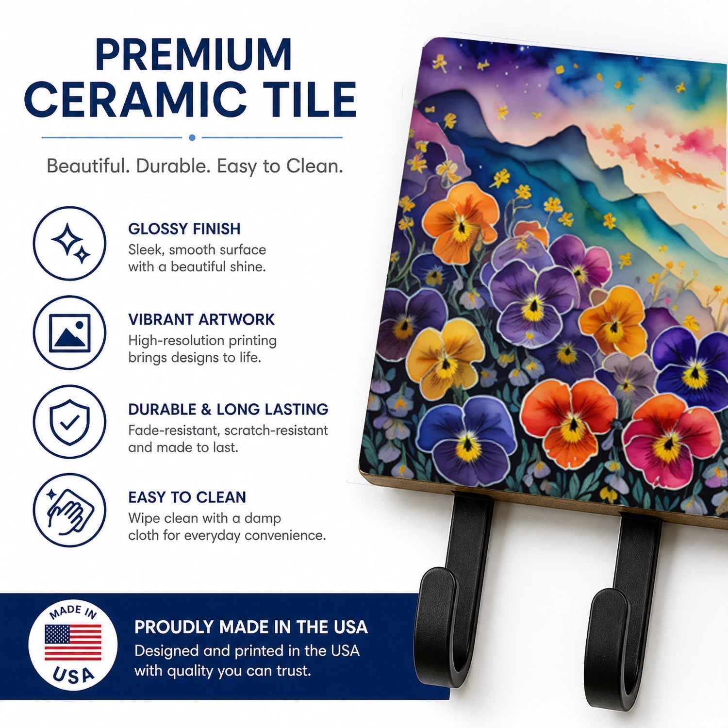 Pansies in Color Leash or Key Holder Wall Hooks, Coat Rack Wall Mount, for Hanging Keys, Towels, Aprons, Leashes
