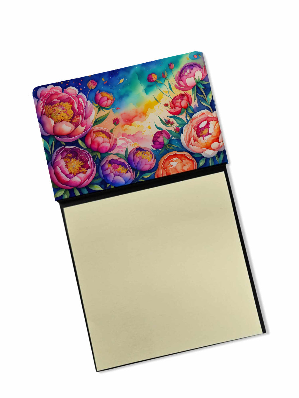Peonies in Color Watercolor Sticky Note Holder Refillable Dispenser Desk Accessory 3x3 Pad Gift