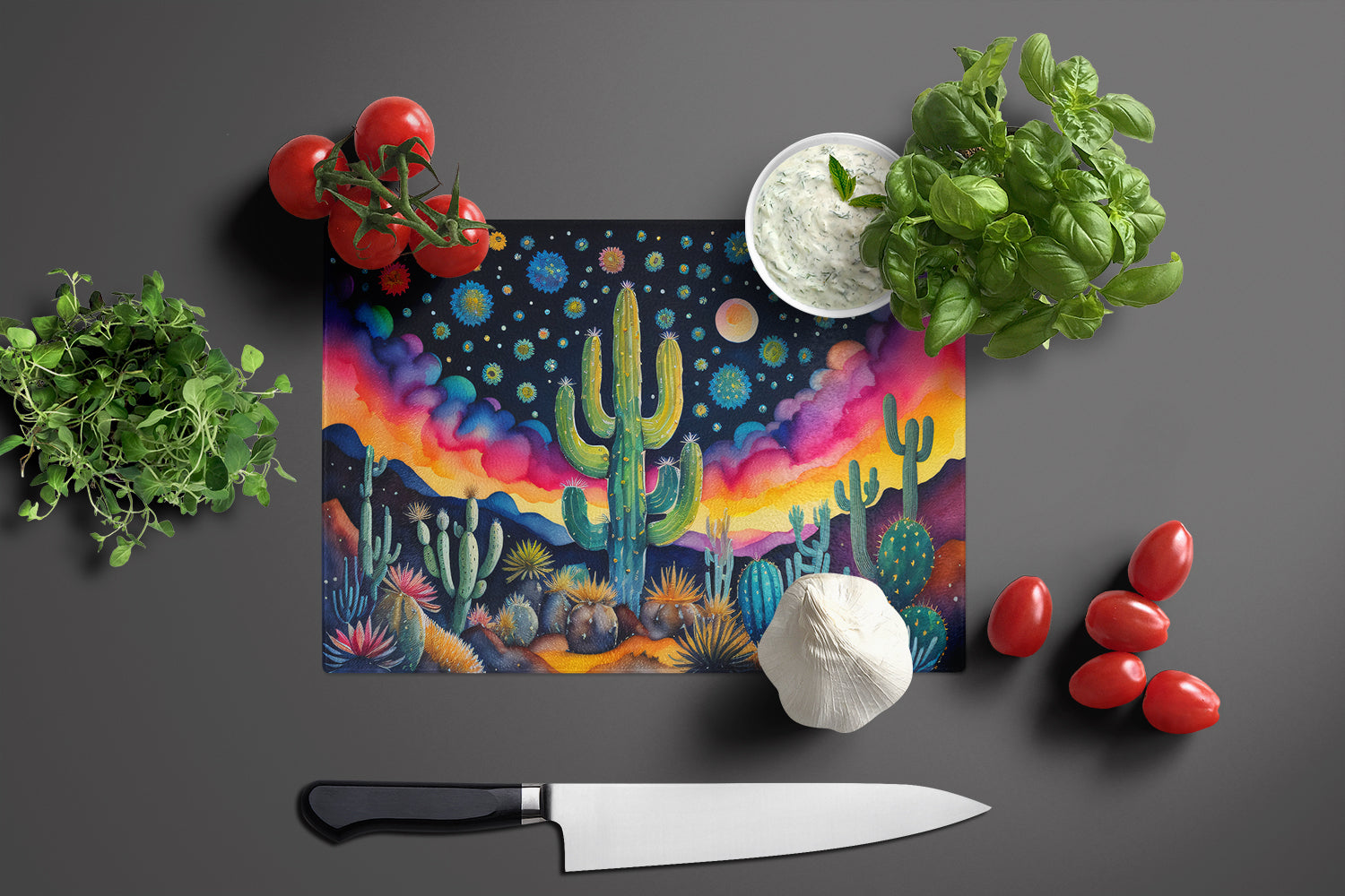 Queen of the Night Cactus in Color Cutting Board Tempered Glass Kitchen Cutting Surface, Heat Resistant Chopping, Non-Slip Feet, Food Prep & Serving