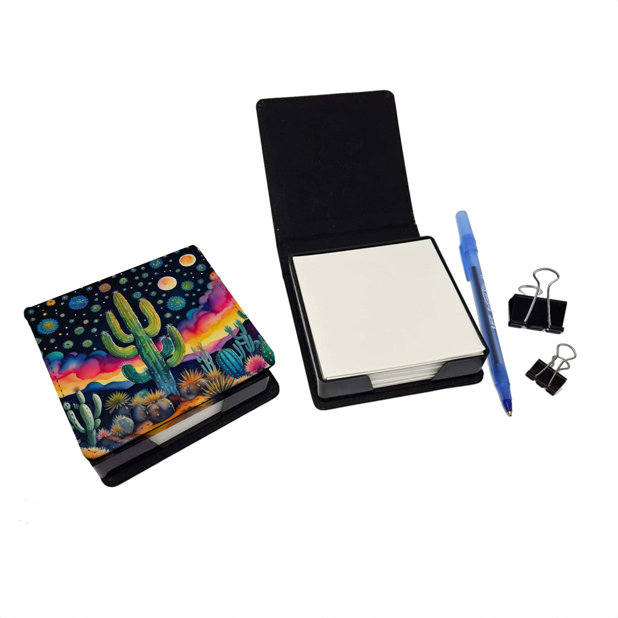 Queen of the Night Cactus in Color PU Leather Note Paper Holder with Artist-Designed Cover, Desk Accessory, Office Gift