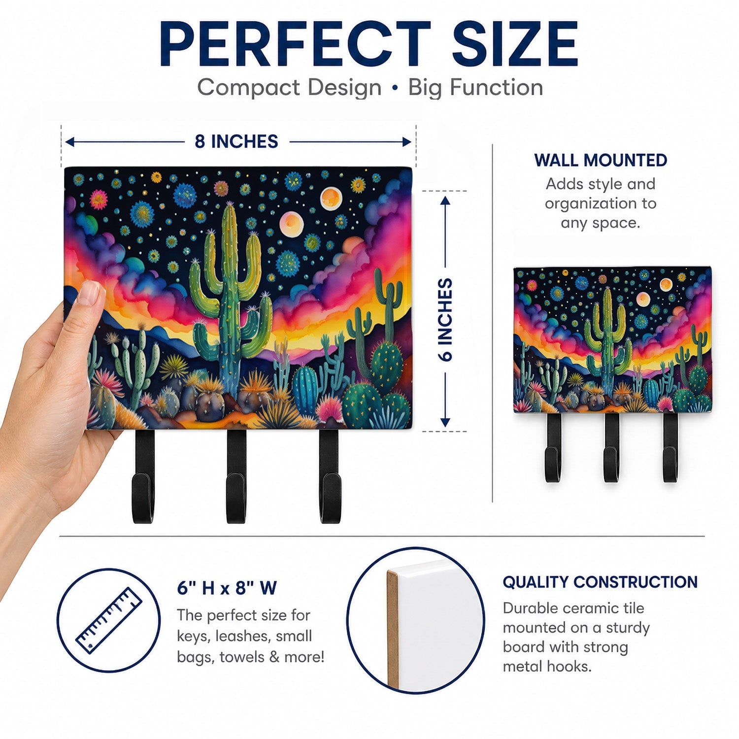 Queen of the Night Cactus in Color Leash or Key Holder Wall Hooks, Coat Rack Wall Mount, for Hanging Keys, Towels, Aprons, Leashes