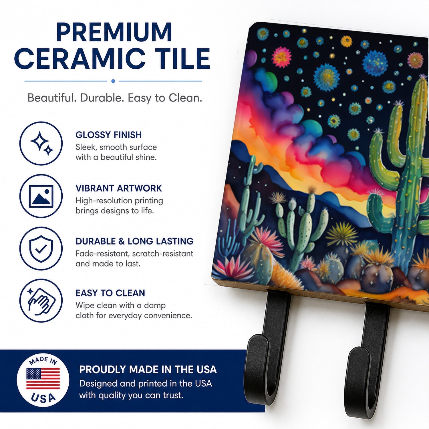 Queen of the Night Cactus in Color Leash or Key Holder Wall Hooks, Coat Rack Wall Mount, for Hanging Keys, Towels, Aprons, Leashes