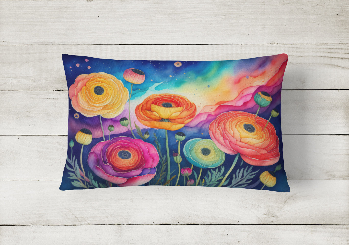 Ranunculus in Color Decorative Throw Pillow 12x16 Indoor Outdoor Accent Cushion, Fabric Cover with Insert for Sofa, Bed, Porch & Living Room