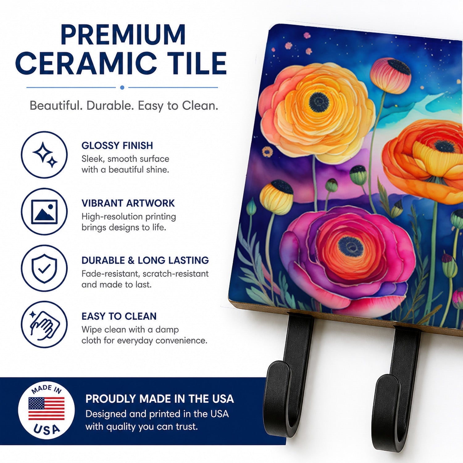 Ranunculus in Color Leash or Key Holder Wall Hooks, Coat Rack Wall Mount, for Hanging Keys, Towels, Aprons, Leashes